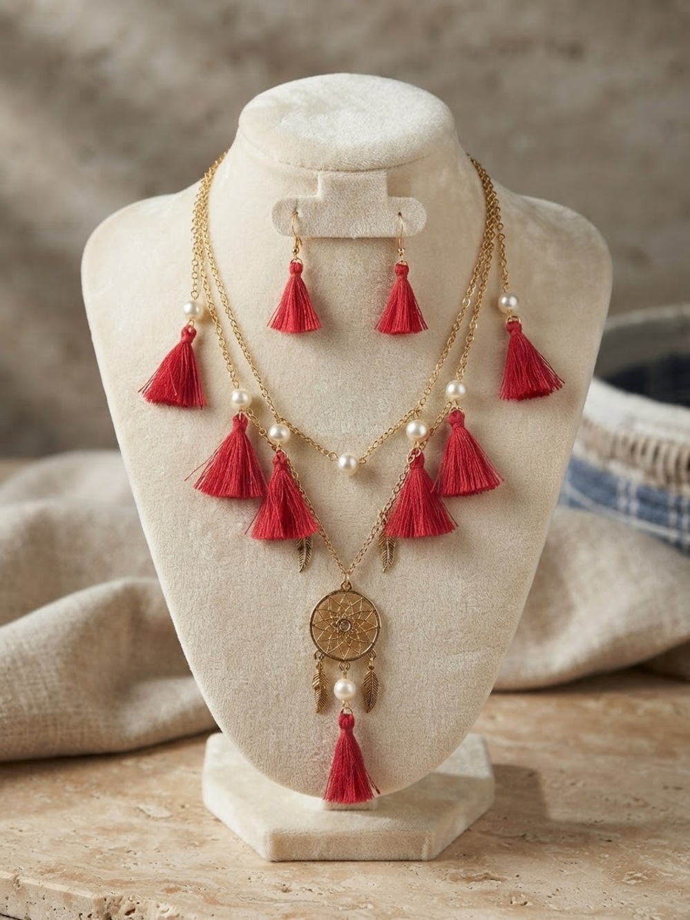 Gold-Tone Layered Necklace Set with Red Tassels